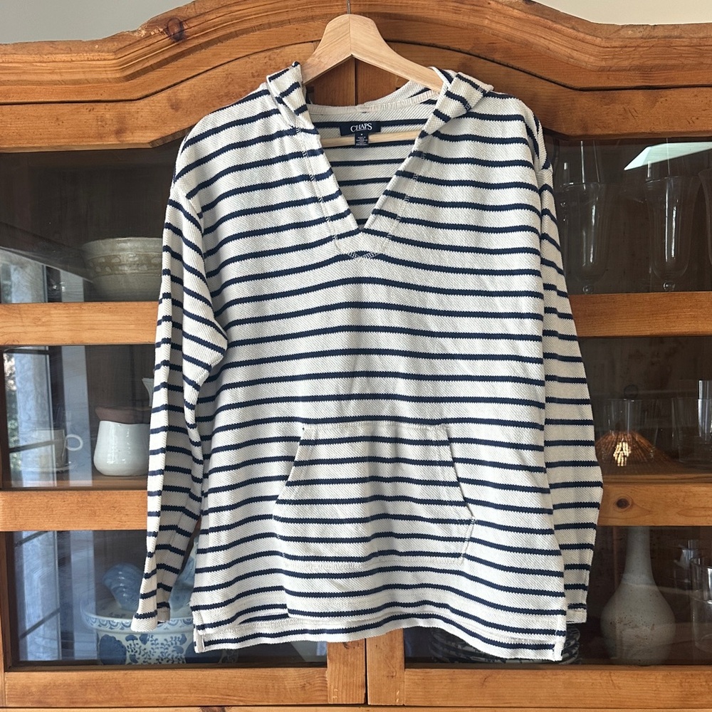 Chaps Cream & Navy Striped Crewneck Hoodie Sweater